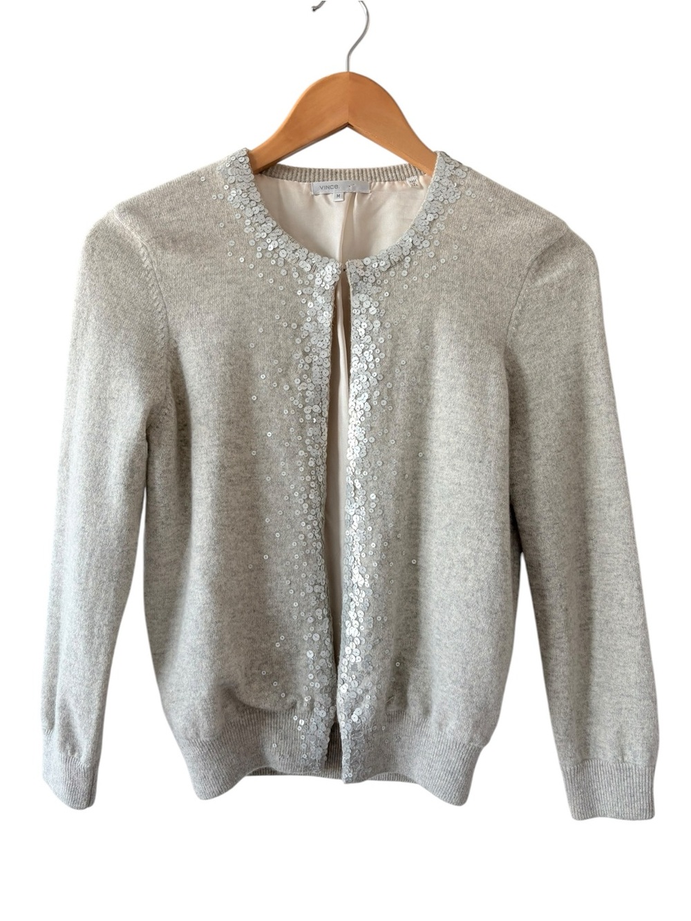 Vince Light Gray Sequin Trim Cashmere Cardigan